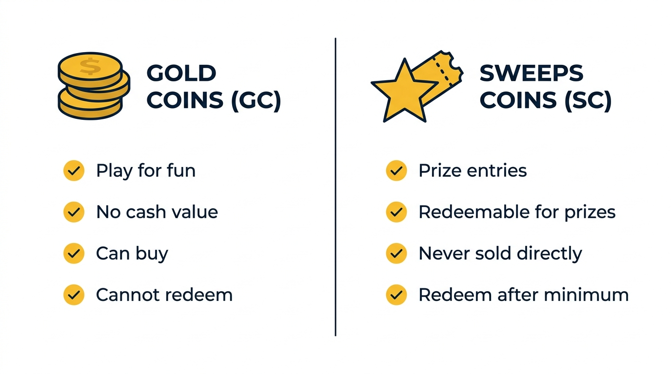 Gold Coins vs Sweeps Coins comparison: Gold Coins are for play/fun, have no cash value, can be bought, and cannot be redeemed; Sweeps Coins are prize entries, redeemable for prizes, never sold directly, and redeemable once you reach the minimum.
