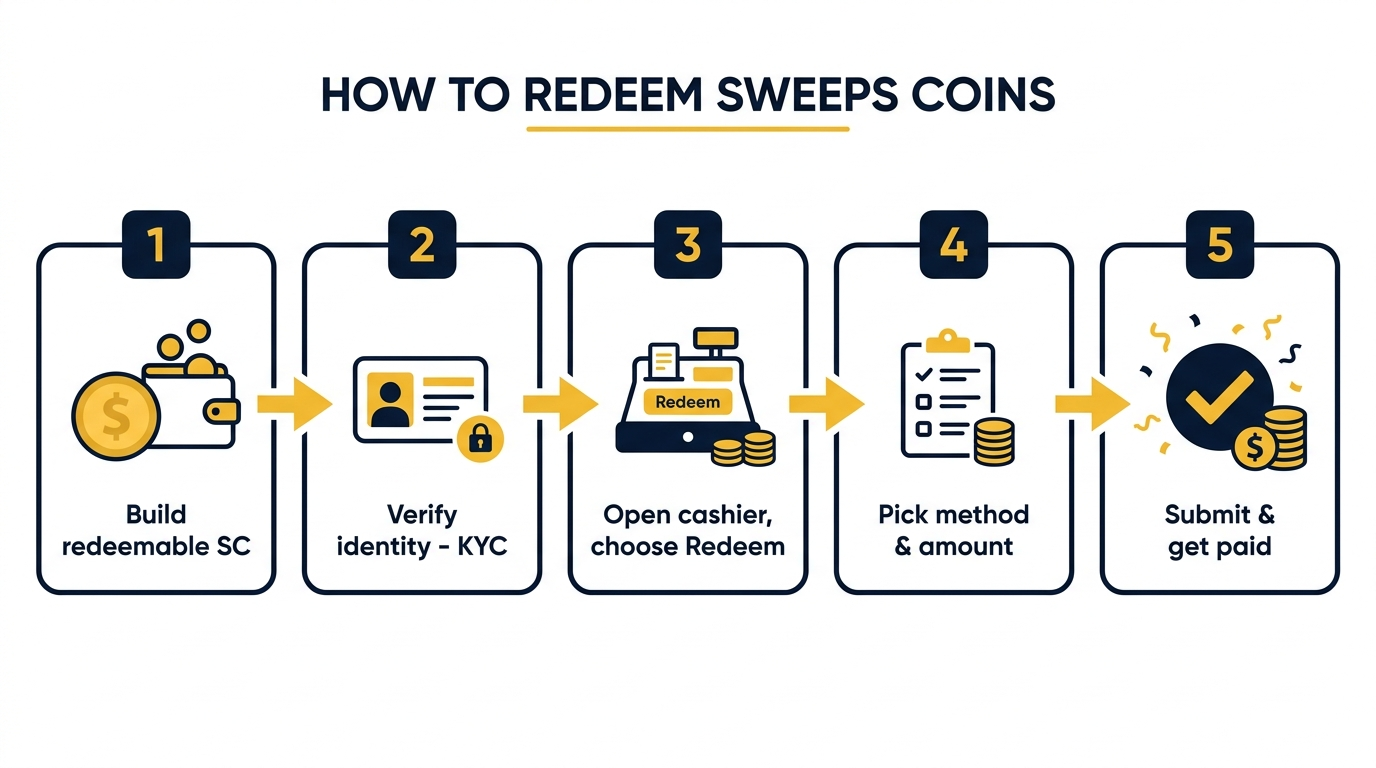 How to redeem Sweeps Coins in five steps: 1) build a redeemable SC balance, 2) verify identity (KYC), 3) open the cashier and choose Redeem, 4) pick a method and amount, 5) submit and get paid.
