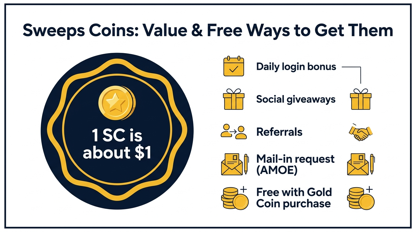 Sweeps Coins value and free ways to get them: 1 SC is worth about $1; earn free SC via daily login bonus, social giveaways, referrals, mail-in requests (AMOE), and free with Gold Coin purchases.